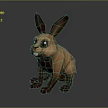 Brown Cartoon Rabbit 3D Model Sitting with Large Ears Black Eyes on Reflective Gray Background