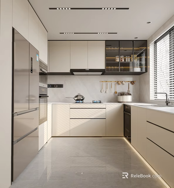 Modern Kitchen Interior With White Cabinets Stainless Steel Appliances Window Blinds And Hanging Utensils 3d model 