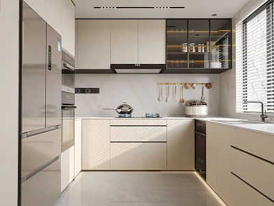 Modern Kitchen Interior With White Cabinets Stainless Steel Appliances Window Blinds And Hanging Utensils 3d model