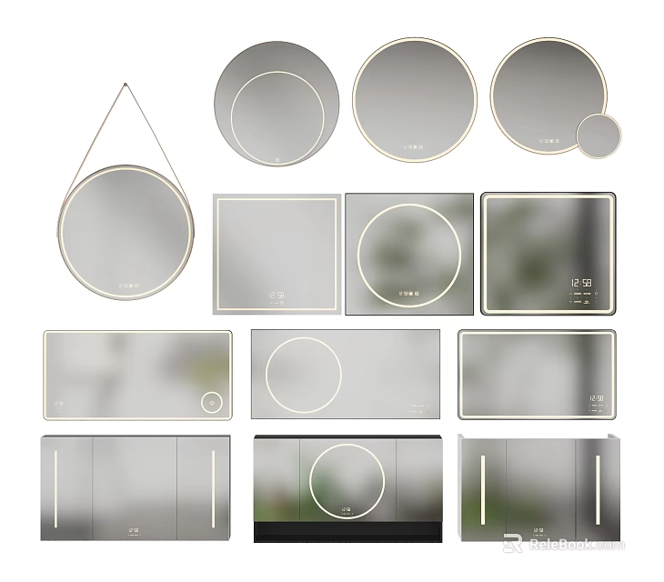 Various Modern Round And Rectangular Mirrors Featuring Stylish Frame Designs 3d model