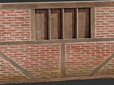 Traditional Building Exterior Wall With Red Brick And Wooden Beams Design 3d model