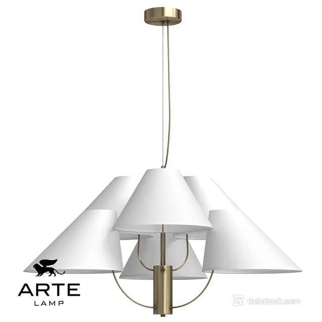 Modern Chandelier With White Cone Shaped Shades And Golden Metal Frame 3d model 