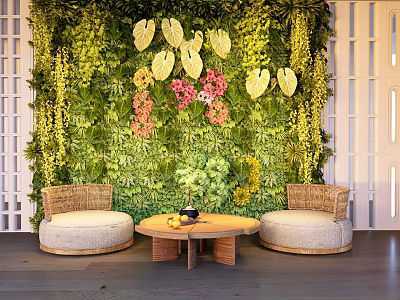 Casual Sofa Set Featuring Rattan Seats Round Coffee Table And Lush Green Plant Wall 3d model