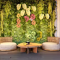 Casual Sofa Set Featuring Rattan Seats Round Coffee Table And Lush Green Plant Wall