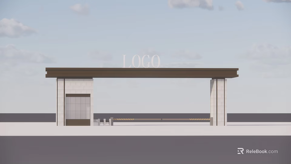 Modern Entrance Gate Design With LOGO On Top Canopy And Supporting Pillars 3d model 
