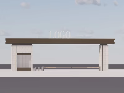 Modern Entrance Gate Design With LOGO On Top Canopy And Supporting Pillars 3d model