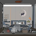 Kids Bedroom Interior Design With Blue Bed Desk Chair Plush Toys And Moon Decor