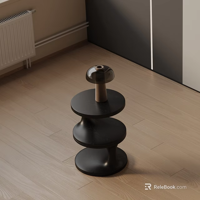 Modern Black Spiral Side Table with Three Circular Layers and Decorative Object 3d model