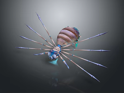 3D Rendered Creature With Long Thin Legs Striped Brown Blue Body On Dark Shiny Background 3d model