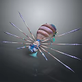 3D Rendered Creature With Long Thin Legs Striped Brown Blue Body On Dark Shiny Background