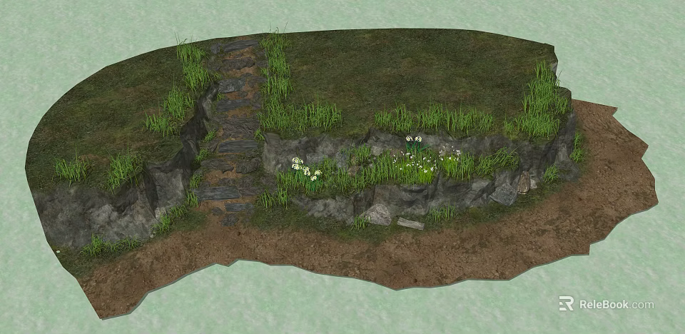Natural Road Facilities Stone Paved Path With Grass Rocks And White Flowers 3d model 