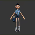 3D Animated Man in Blue Outfit Backpack Shorts Sneakers Standing on Gray Background
