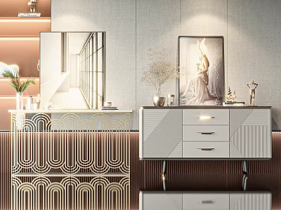 Modern Entryway Cabinet And Sideboard With Drawers Mirror Artwork And Decor Accents 3d model
