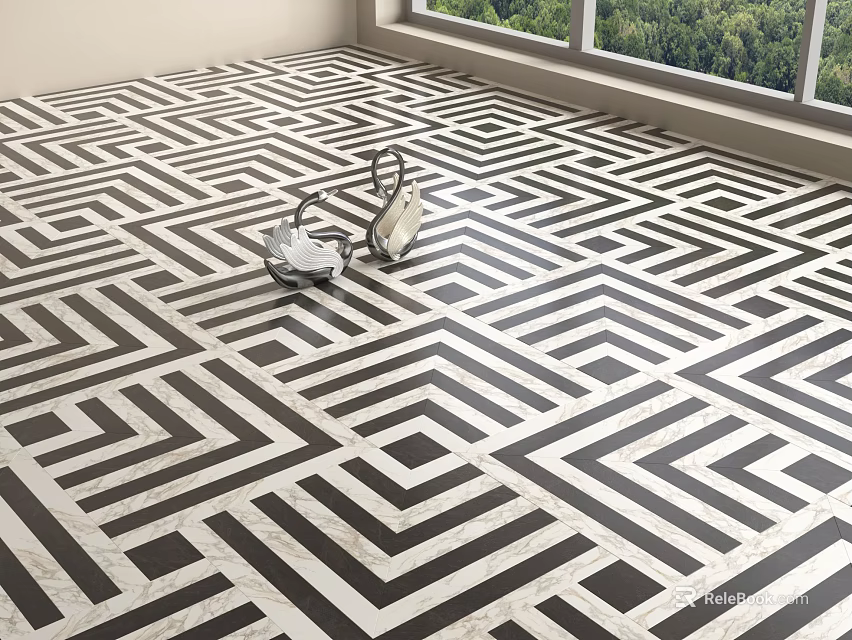 Black And White Geometric Pattern Floor Tiles With Cleaning Tools And Natural Light 3d model
