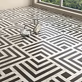 Black And White Geometric Pattern Floor Tiles With Cleaning Tools And Natural Light 3d model