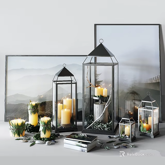 Decorative Ornament Set With Glass Lanterns Candles Greenery And Framed Art 3d model 