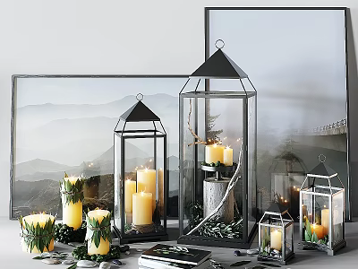 Decorative Ornament Set With Glass Lanterns Candles Greenery And Framed Art 3d model