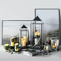 Decorative Ornament Set With Glass Lanterns Candles Greenery And Framed Art