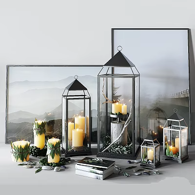 Decorative Ornament Set With Glass Lanterns Candles Greenery And Framed Art 3d model