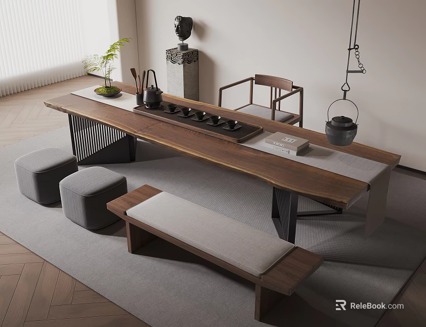 Minimalist Wooden Tea Table And Chairs With Tea Set Stools And Bench In Natural Light 3d model 