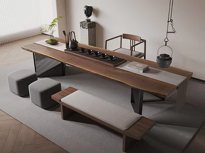 Minimalist Wooden Tea Table And Chairs With Tea Set Stools And Bench In Natural Light 3d model