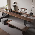 Minimalist Wooden Tea Table And Chairs With Tea Set Stools And Bench In Natural Light