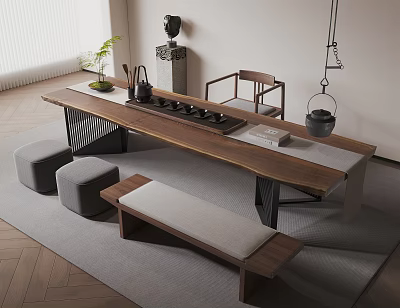 Minimalist Wooden Tea Table And Chairs With Tea Set Stools And Bench In Natural Light 3d model