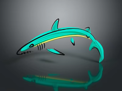 Green Shark With Yellow Stripes And Black Outline Showing Reflection on Dark Background 3d model