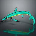 Green Shark With Yellow Stripes And Black Outline Showing Reflection on Dark Background