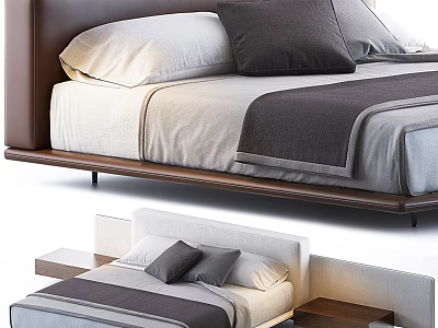 Modern Double Bed Design With Leather Headboard Plush Pillows And Wooden Nightstands 3d model