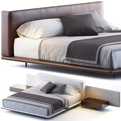 Modern Double Bed Design With Leather Headboard Plush Pillows And Wooden Nightstands 3d model