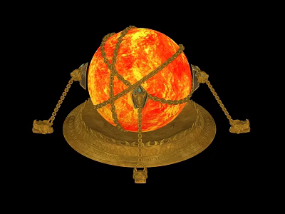 Red Glowing Sphere Encircled By Golden Chains On Ornate Golden Base Against Black Background 3d model