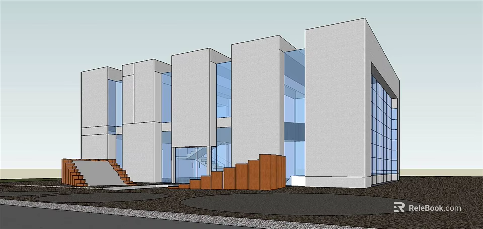 Modern Office Building with Glass Curtain Walls White Exterior Walls and Wooden Entrance Steps 3d model 