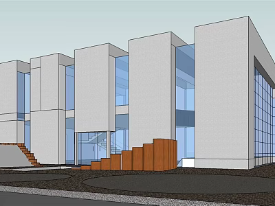 Modern Office Building with Glass Curtain Walls White Exterior Walls and Wooden Entrance Steps 3d model