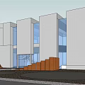Modern Office Building with Glass Curtain Walls White Exterior Walls and Wooden Entrance Steps