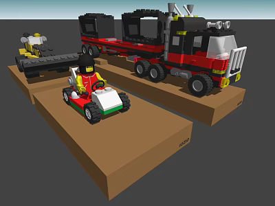 Building Blocks Model Featuring Red Truck Black Trailer And Go Kart With Driver Figure 3d model