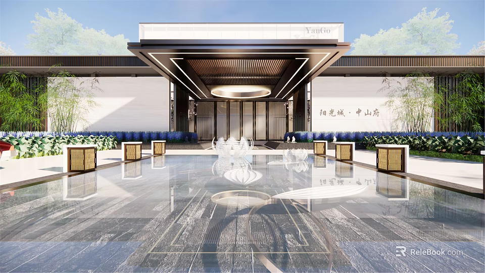 Elegant Modern Chinese Exhibition Gateway With Symmetric Fountain Greenery And Stone Columns 3d model 