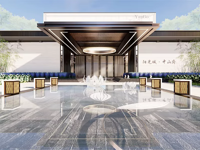 Elegant Modern Chinese Exhibition Gateway With Symmetric Fountain Greenery And Stone Columns 3d model