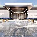 Elegant Modern Chinese Exhibition Gateway With Symmetric Fountain Greenery And Stone Columns