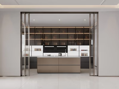 Modern Kitchen Interior With Glass Front Cabinets And Central Island Counter Design 3d model
