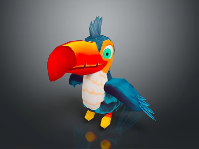 Colorful Cartoon Toucan Bird With Large Red Beak Blue Feathers White Belly And Yellow Feet 3d model