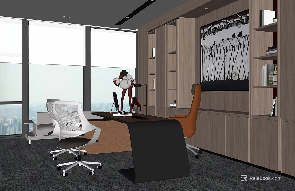 Modern Office Interior With Large Windows Desk Chairs Bookshelves Decorative Painting And View 3d model 