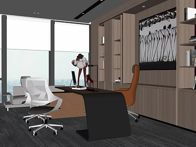 Modern Office Interior With Large Windows Desk Chairs Bookshelves Decorative Painting And View 3d model