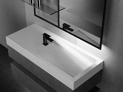 Modern Bathroom Interior Design With White Sink Black Faucet And Wall Mirror 3d model