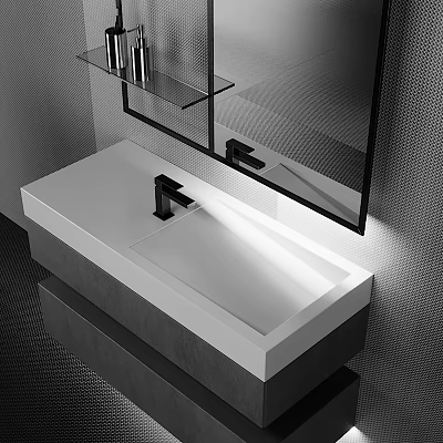 Modern Bathroom Interior Design With White Sink Black Faucet And Wall Mirror 3d model
