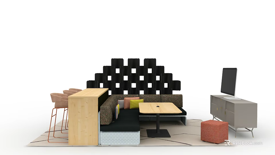 Casual Lounge Area With Black Grid Wall Sofa Colorful Cushions Wooden Bar And TV Cabinet 3d model 