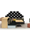 Casual Lounge Area With Black Grid Wall Sofa Colorful Cushions Wooden Bar And TV Cabinet