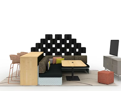 Casual Lounge Area With Black Grid Wall Sofa Colorful Cushions Wooden Bar And TV Cabinet 3d model