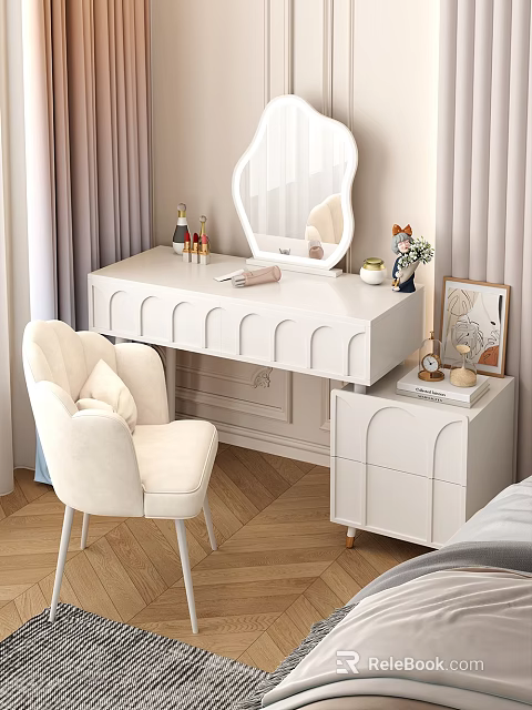 White Dressing Table With Arc Shaped Drawers Mirror Matching Chair And Decor Items 3d model 