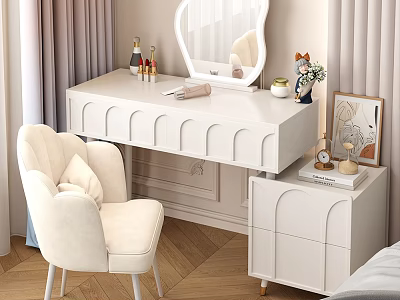 White Dressing Table With Arc Shaped Drawers Mirror Matching Chair And Decor Items 3d model
